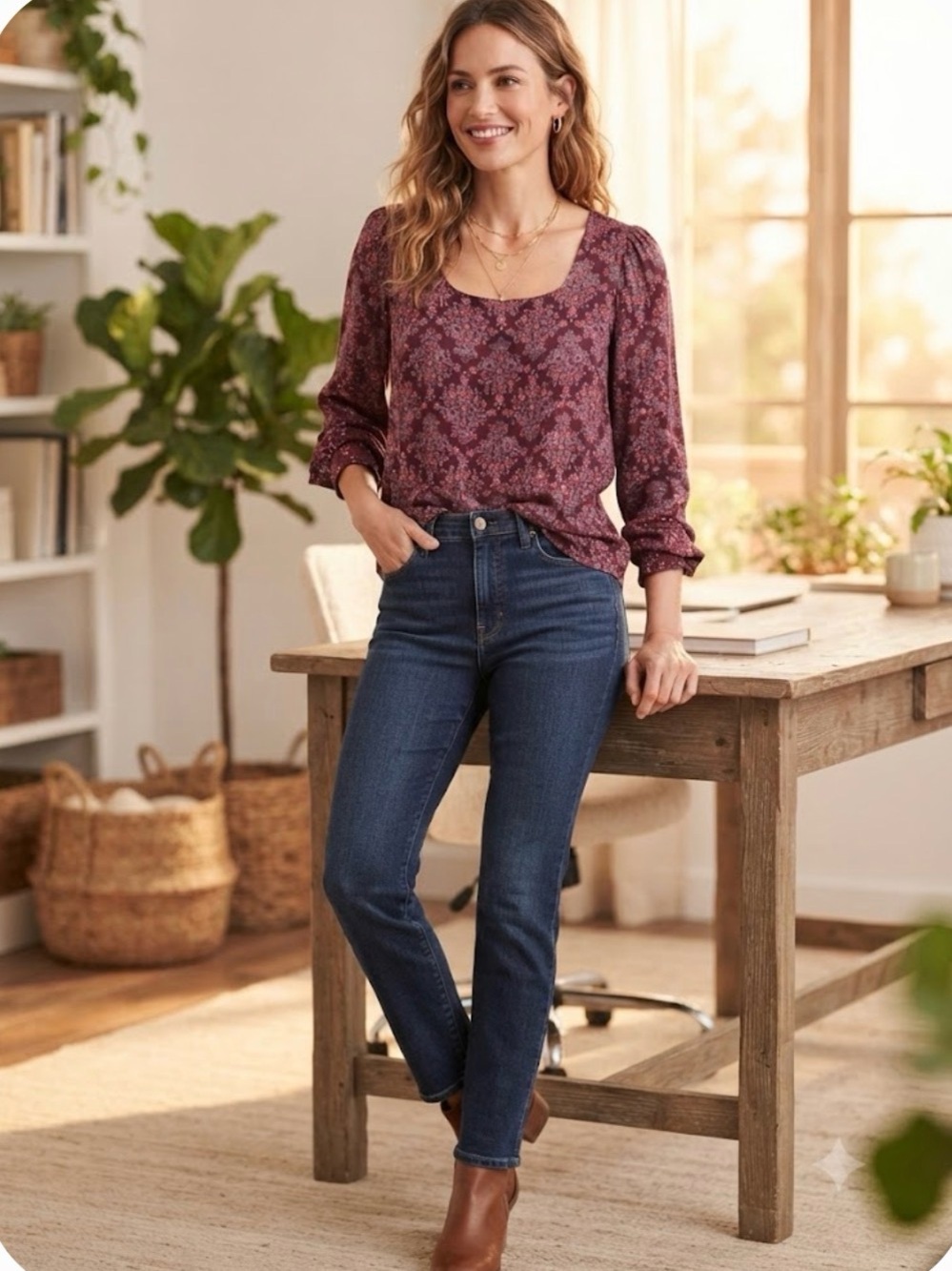 Loft Burgundy Floral Print Rounded Square Neck Blouse Medium
